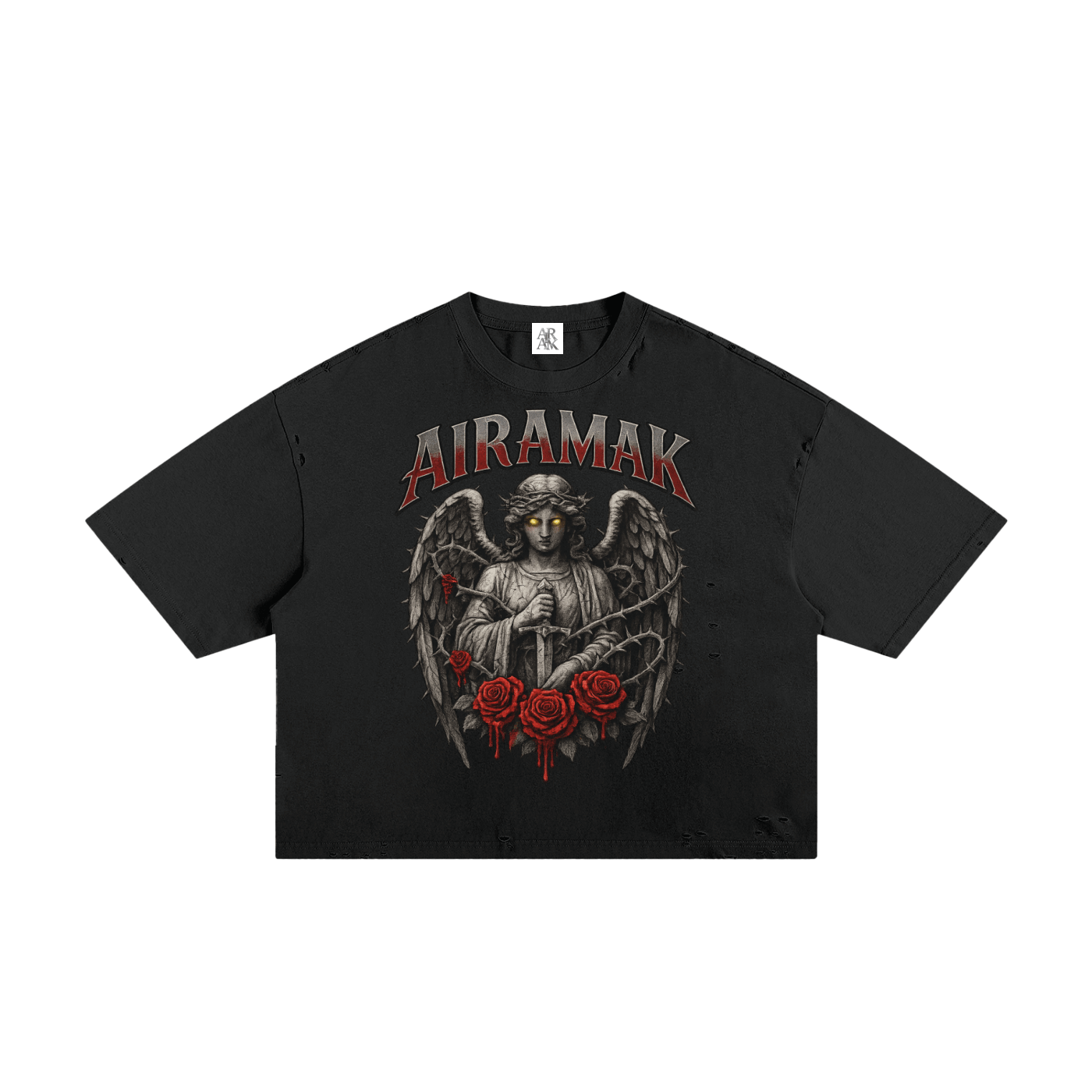Black T-shirt with angel graphic, red roses, and "AIRAMAK" text. Angel has glowing eyes.