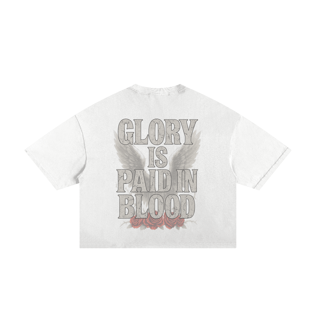 White T-shirt with bold text "Glory is Paid in Blood," featuring wings and red roses.