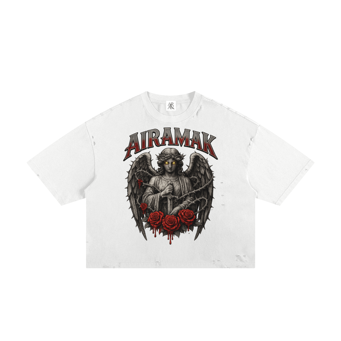 White T-shirt with a gothic angel graphic, red roses, and the text "AIRAMAK" in bold red letters.