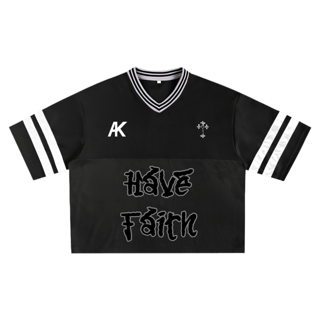 Black jersey with white stripes, "Have Faith" text, and cross design.
