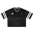 Black jersey with white stripes, "Have Faith" text, and cross design.
