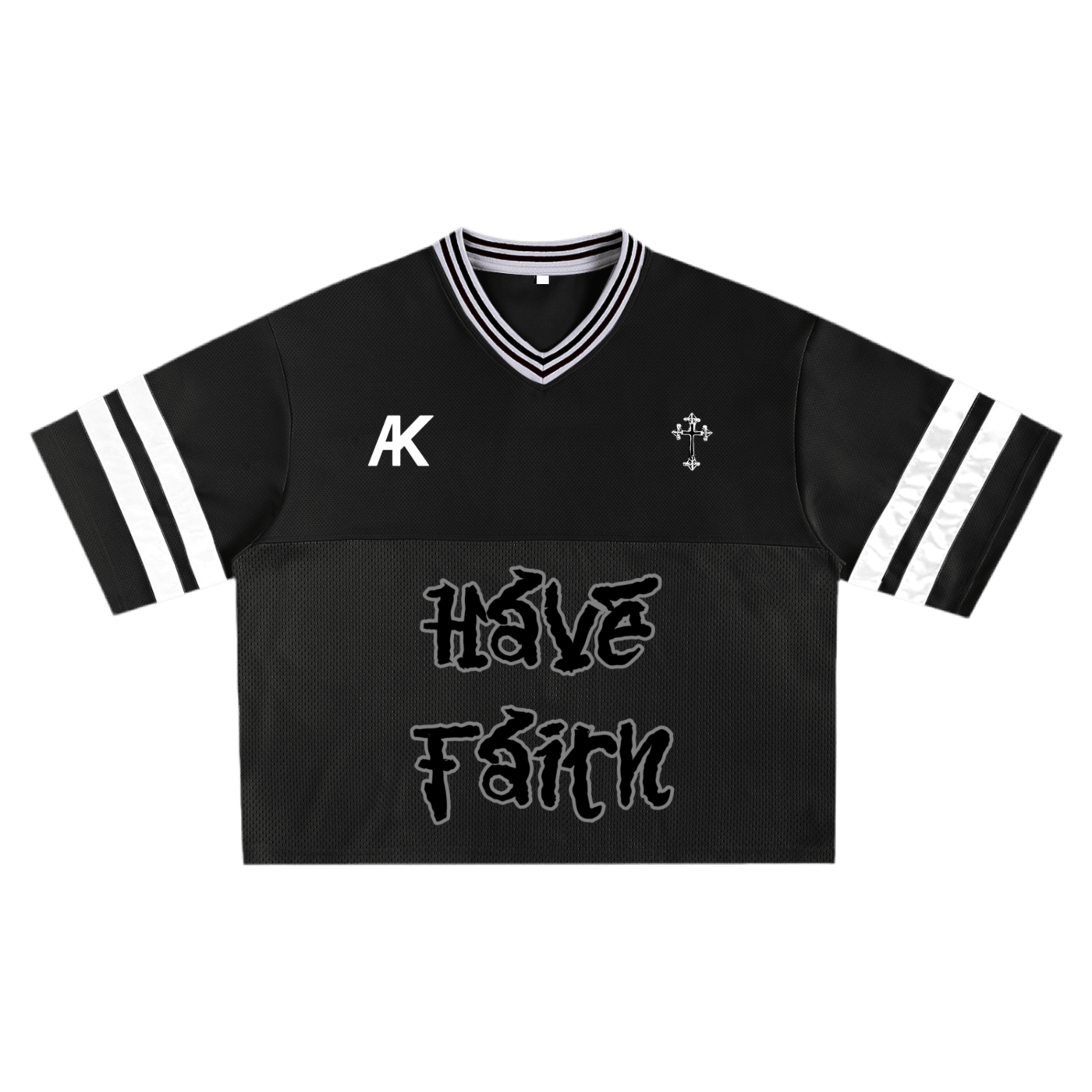 Black jersey with white stripes, "Have Faith" text, and cross design.