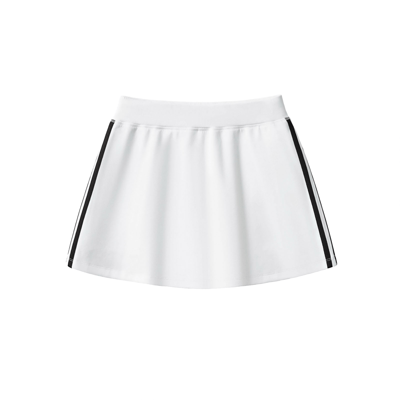 White flared skirt with black side stripes on a plain background.