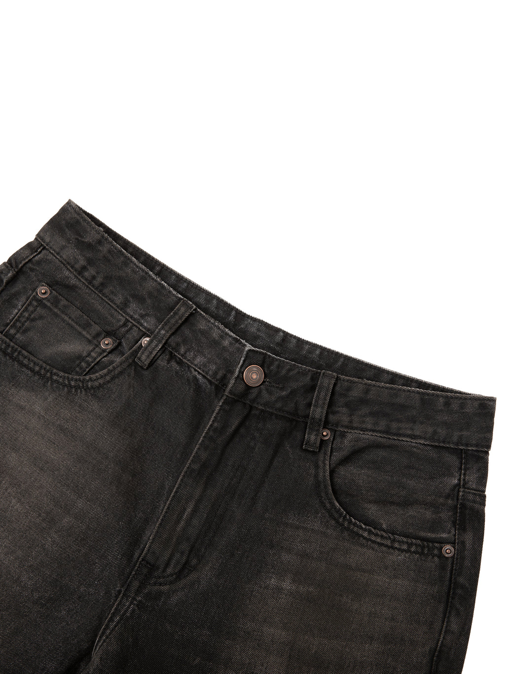 Faded black jeans with front pockets, belt loops, and button closure.