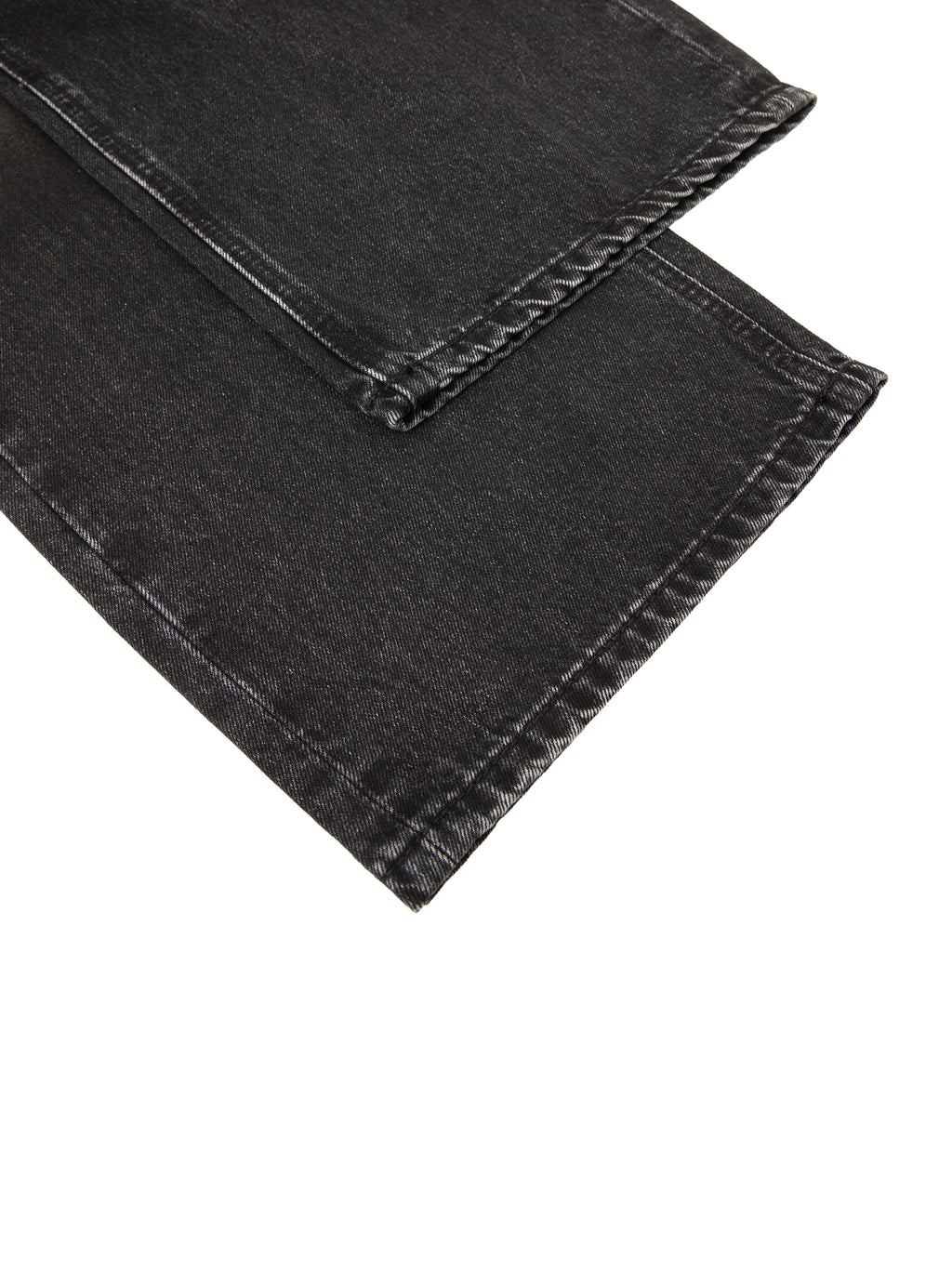 Close-up of black denim fabric with visible stitching and texture on the edges.
