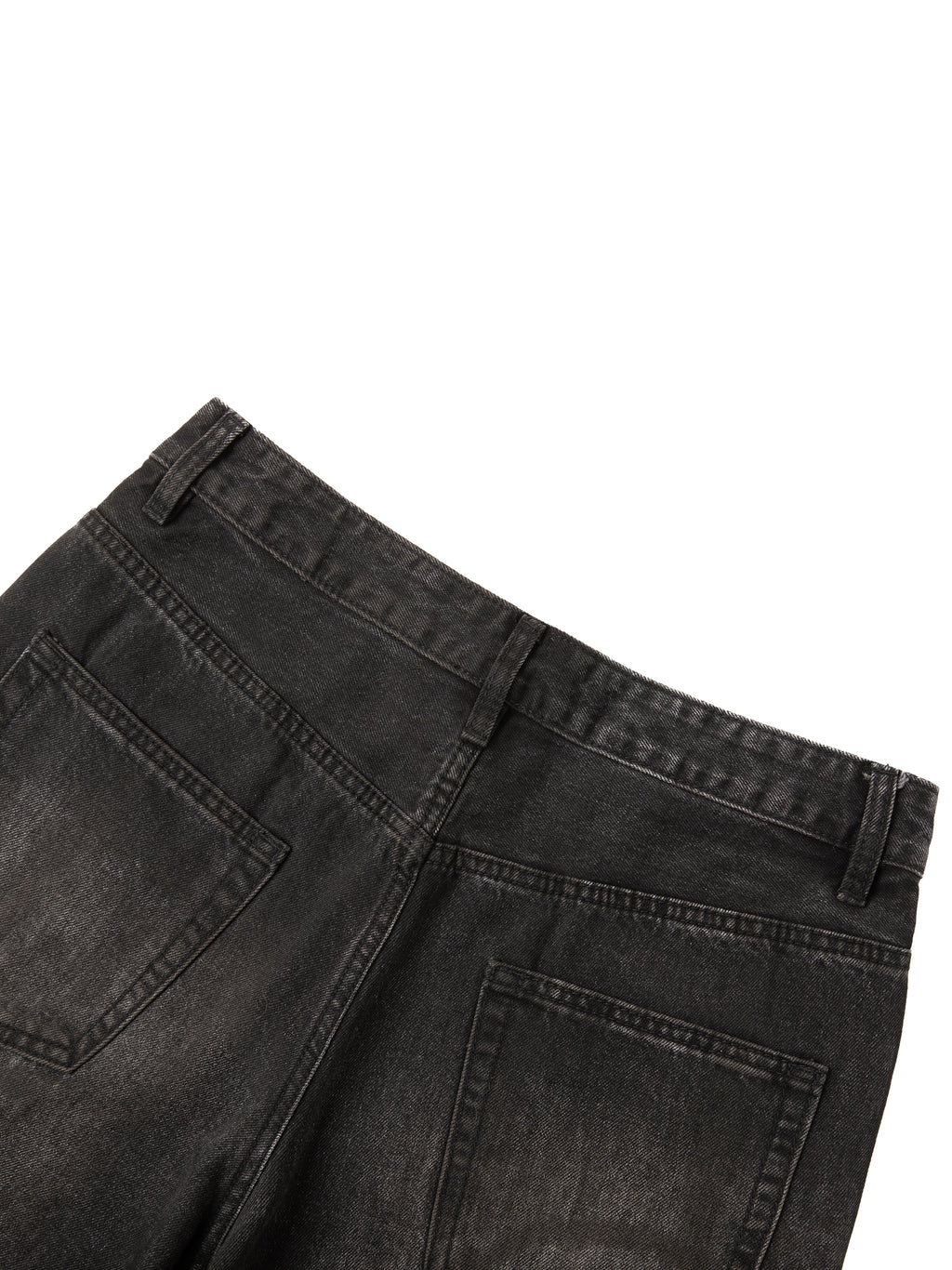Dark gray denim jeans from the back, showing belt loops and two pockets.