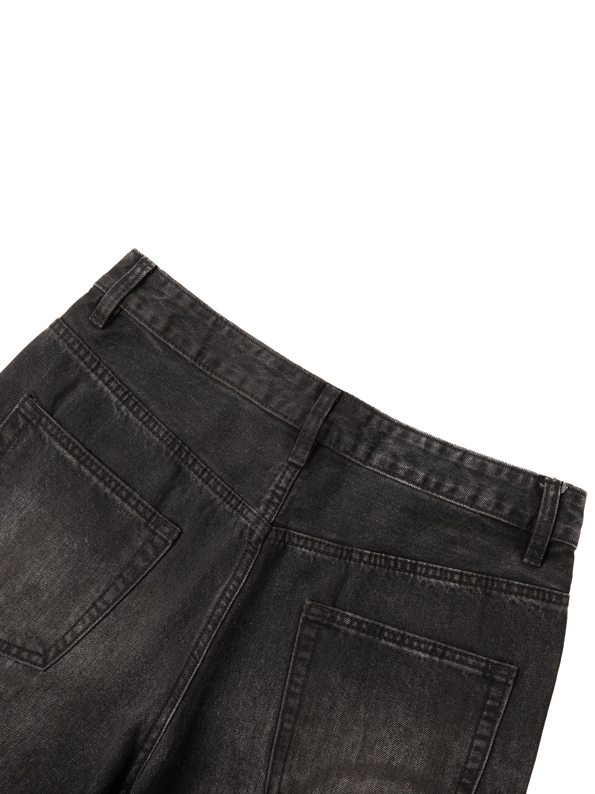 Dark gray denim jeans from the back, showing belt loops and two pockets.