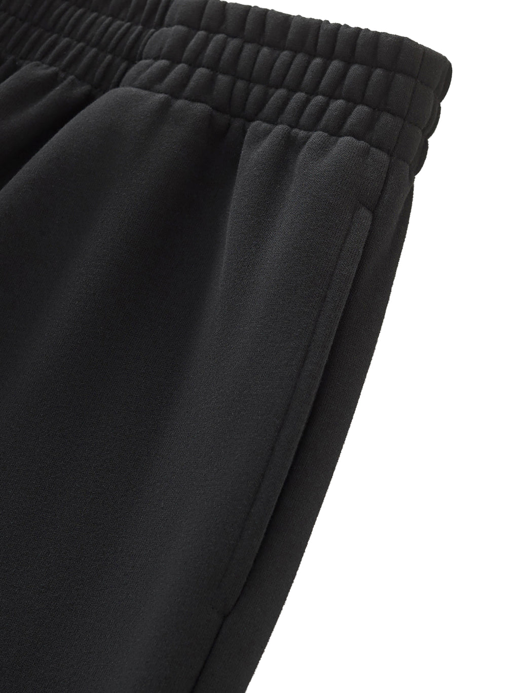 Close-up of black pants with an elastic waistband and smooth fabric texture.