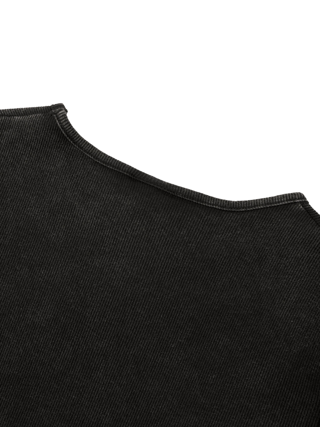 Close-up of black ribbed fabric with visible stitching along the edge.