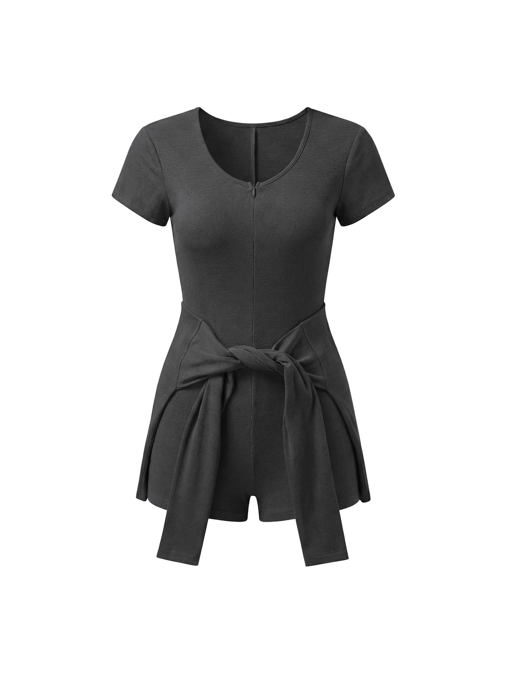 Black short-sleeve romper with V-neck and front tie belt.