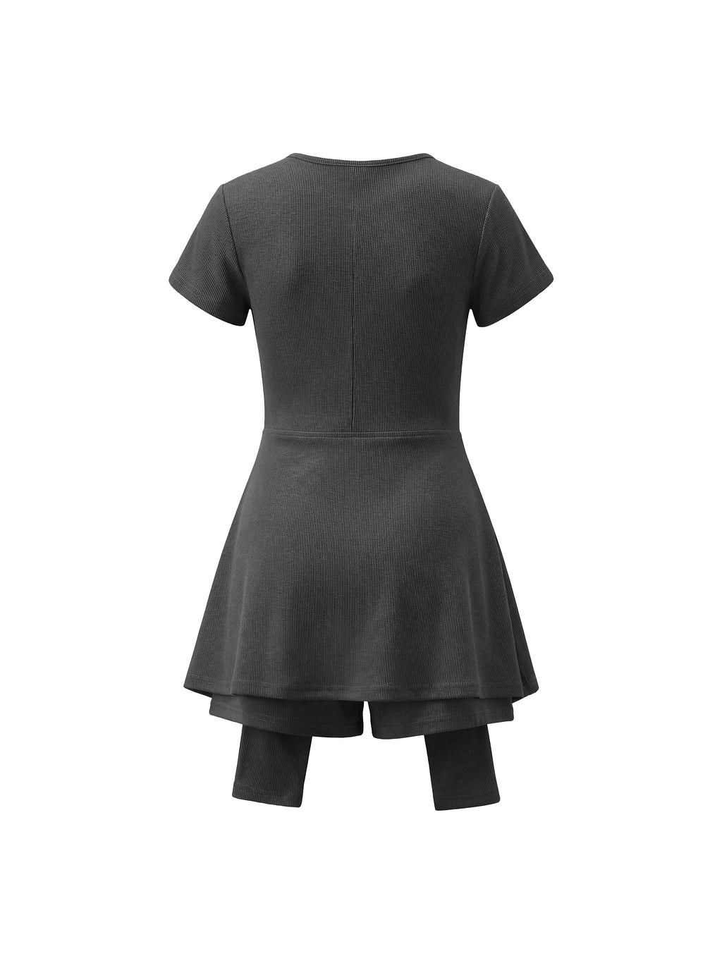 Black short-sleeve dress with flared skirt over matching leggings, viewed from the back.