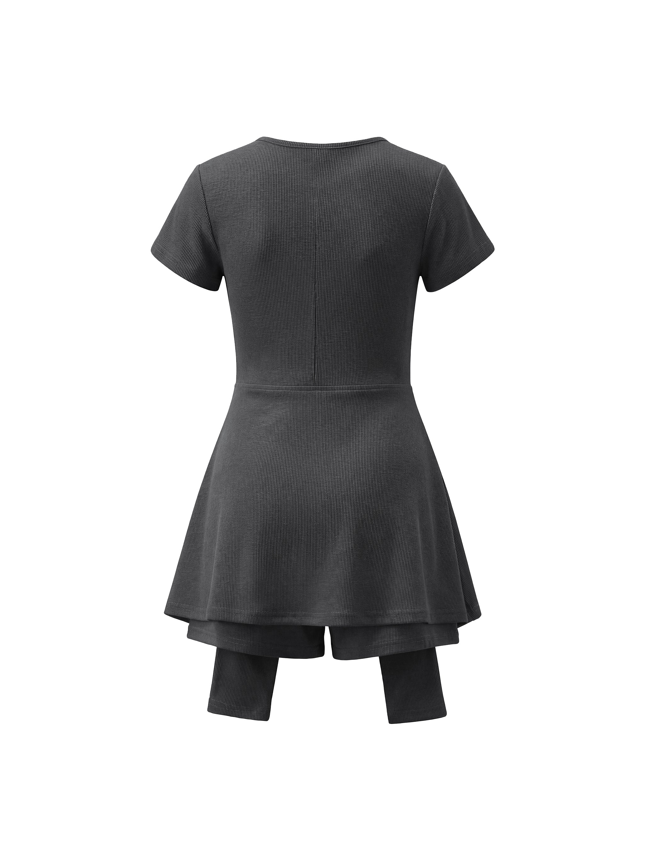 Black short-sleeve dress with flared skirt over matching leggings, viewed from the back.