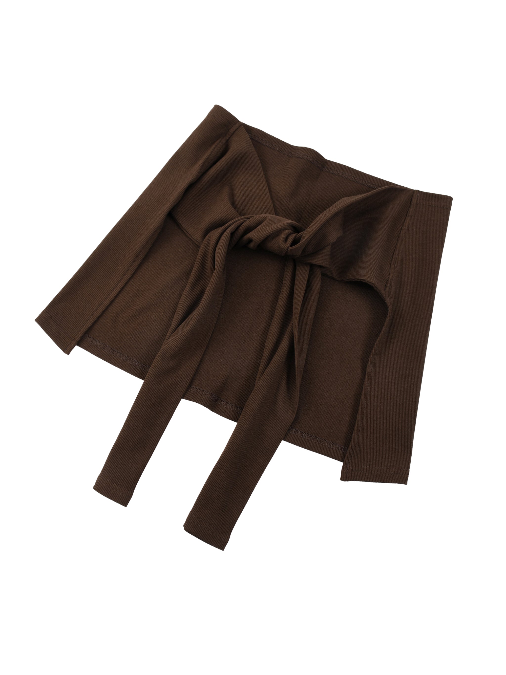 Dark brown knit sweater with wide sleeves and a front tie detail.