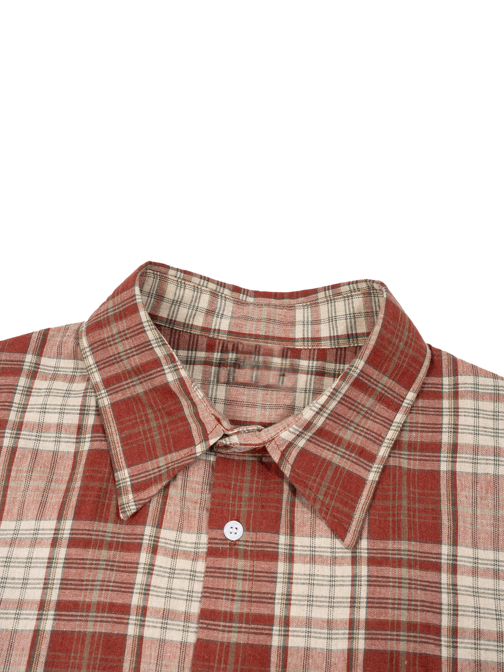Red and beige plaid shirt with a pointed collar and white buttons.