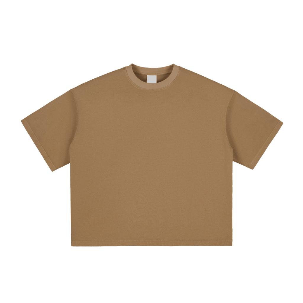 Brown short-sleeved T-shirt on a white background, featuring a round neckline.