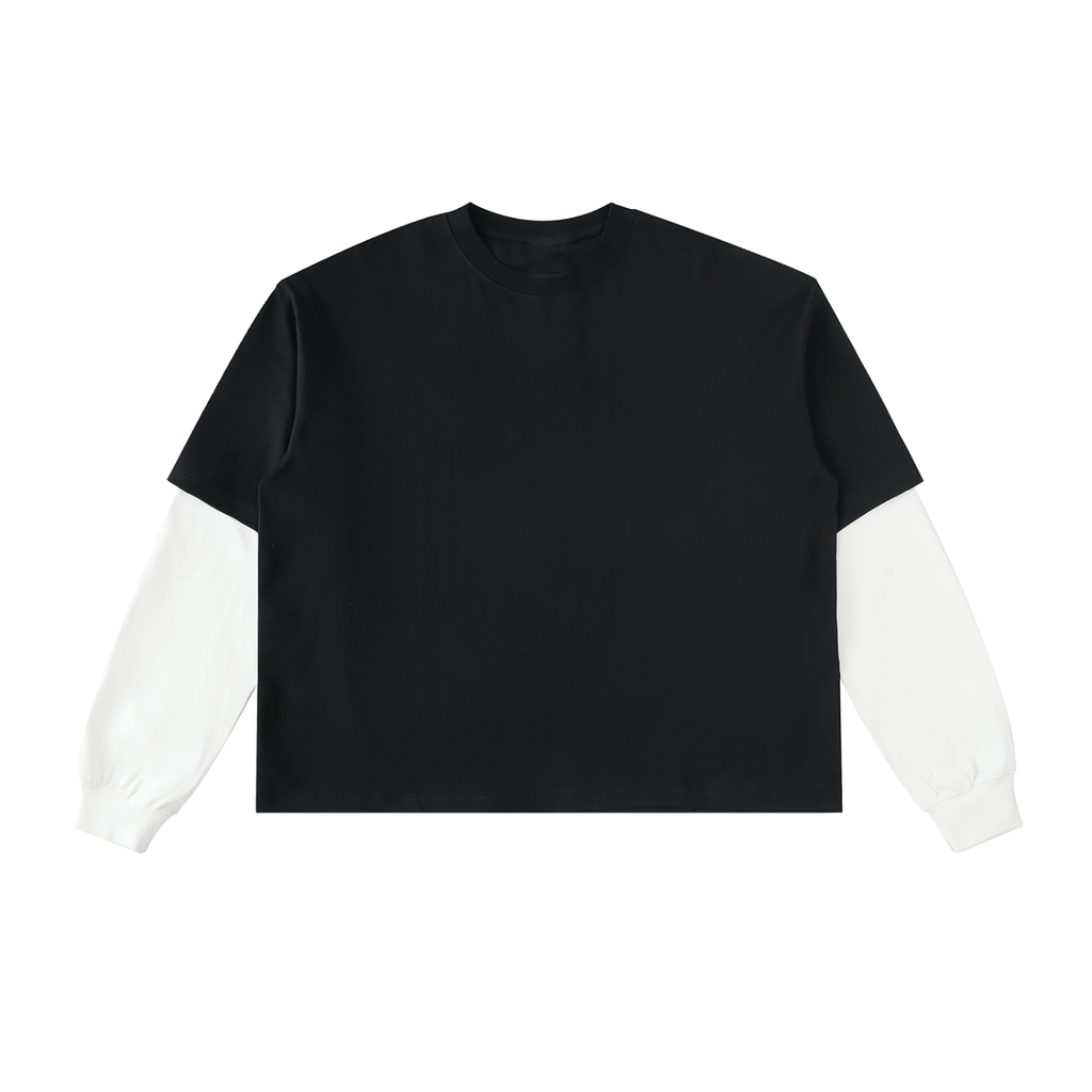 Black long-sleeve shirt with white sleeves and a round neckline on a white background.