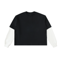 Black long-sleeve shirt with white sleeves and a round neckline on a white background.