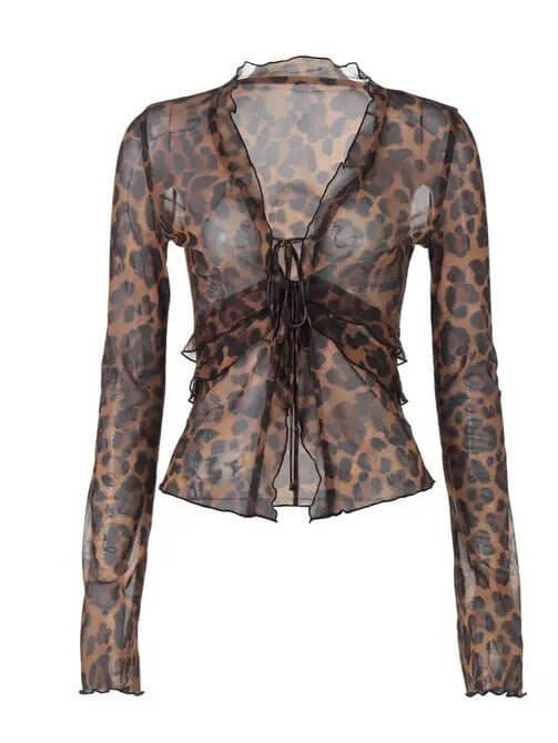 Sheer leopard print blouse with long sleeves, ruffled edges, and a tie front.