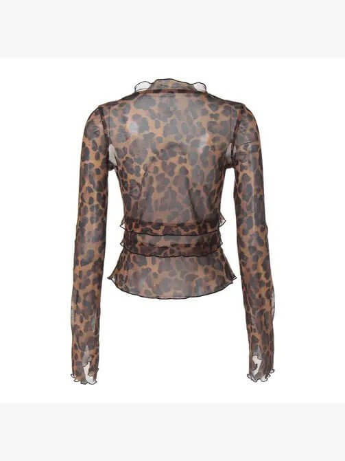 Sheer long-sleeve top with brown leopard print and peplum detail on a white background.