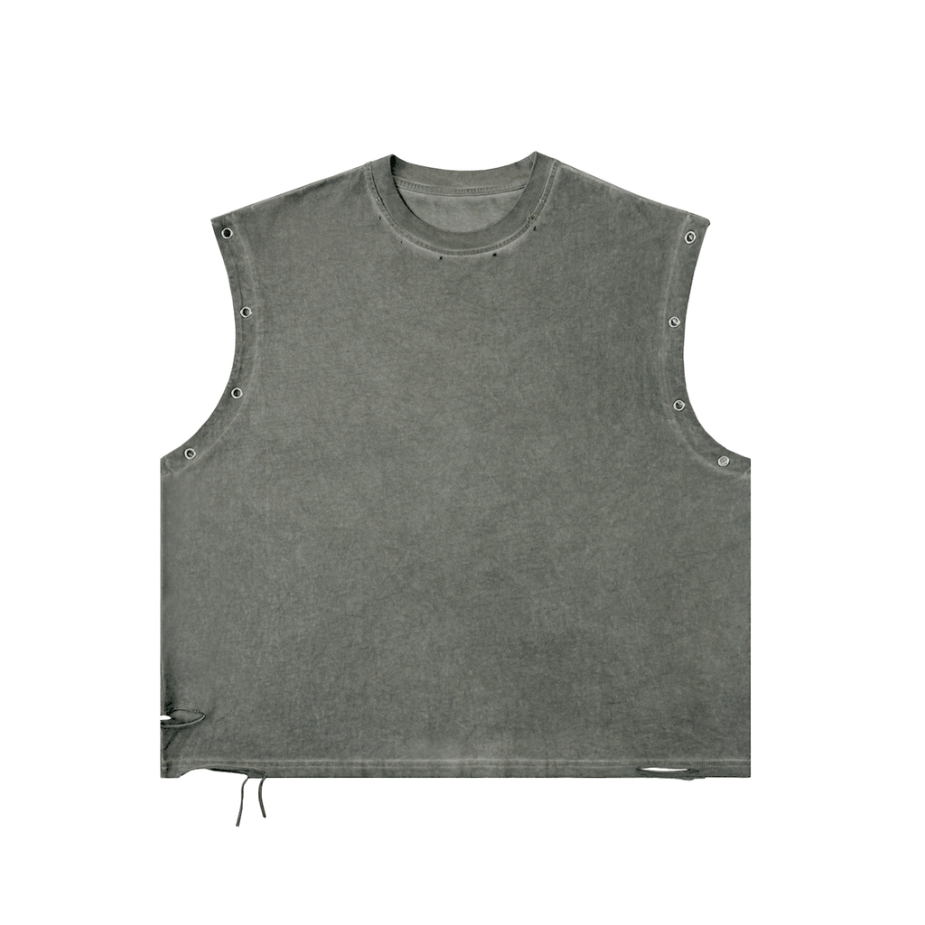 Gray sleeveless shirt with metallic eyelets along sides and a round neckline.