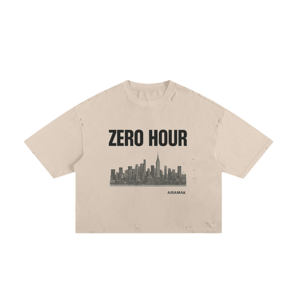 Beige t-shirt with "Zero Hour" text and a black city skyline graphic below.