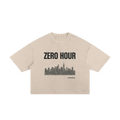 Beige t-shirt with "Zero Hour" text and a black city skyline graphic below.