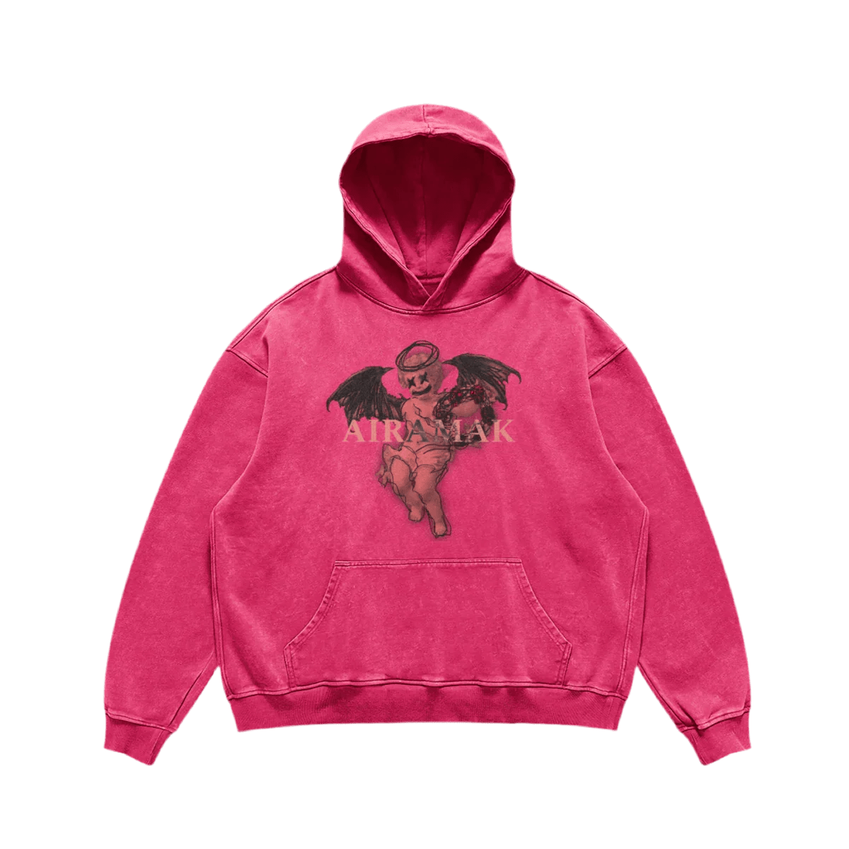 Pink hoodie with a black-winged cherub and text design on the front, featuring a front pocket.