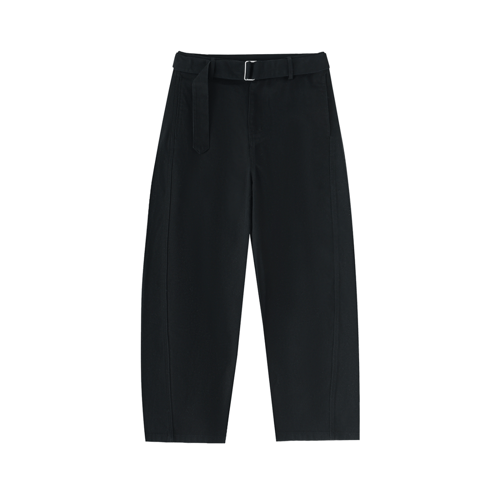 Black wide-leg trousers with a matching belt and a silver rectangular buckle.