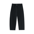 Black wide-leg trousers with a matching belt and a silver rectangular buckle.
