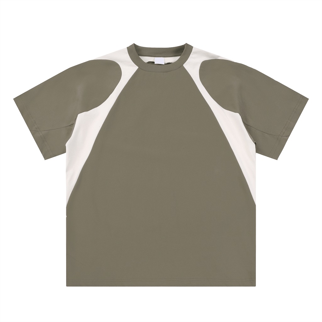 Olive green T-shirt with white side panels and raglan sleeves, laid flat.