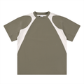 Olive green T-shirt with white side panels and raglan sleeves, laid flat.