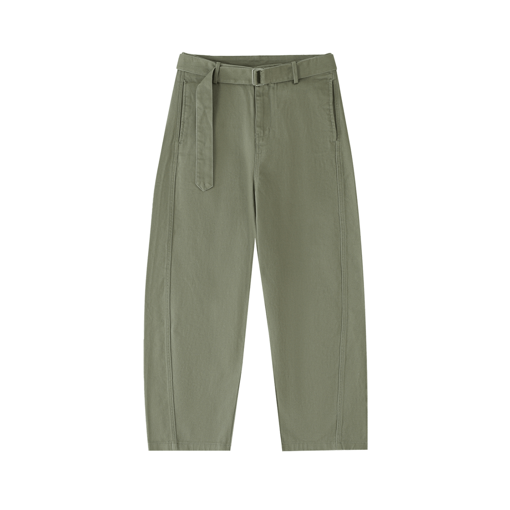 Olive green high-waisted pants with a matching belt and wide legs.