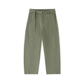 Olive green high-waisted pants with a matching belt and wide legs.