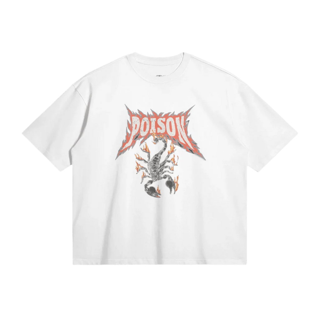 White T-shirt with "POISON" in red and a black scorpion surrounded by flames below the text.