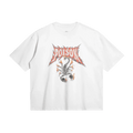 White T-shirt with "POISON" in red and a black scorpion surrounded by flames below the text.