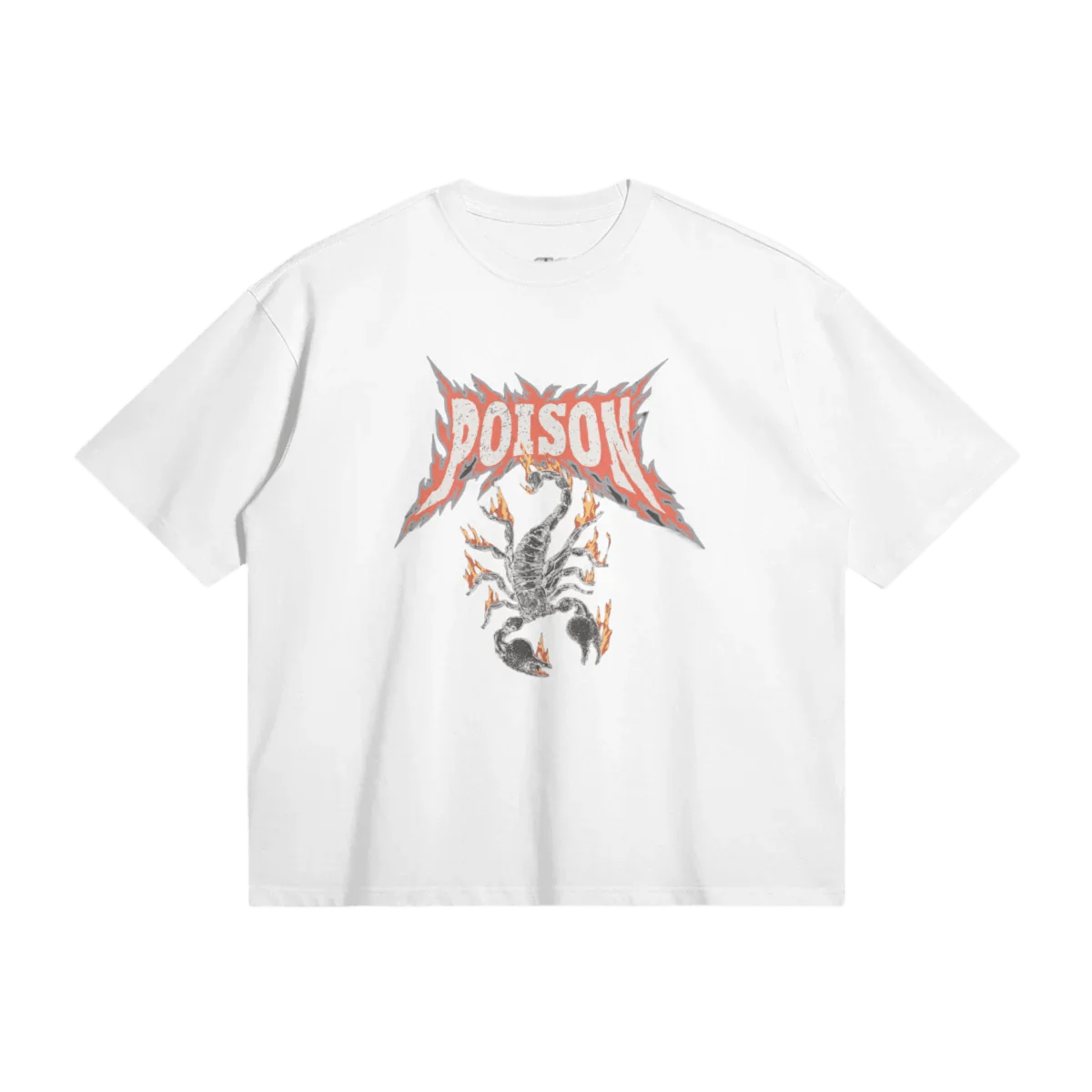 White T-shirt with "POISON" in red and a black scorpion surrounded by flames below the text.