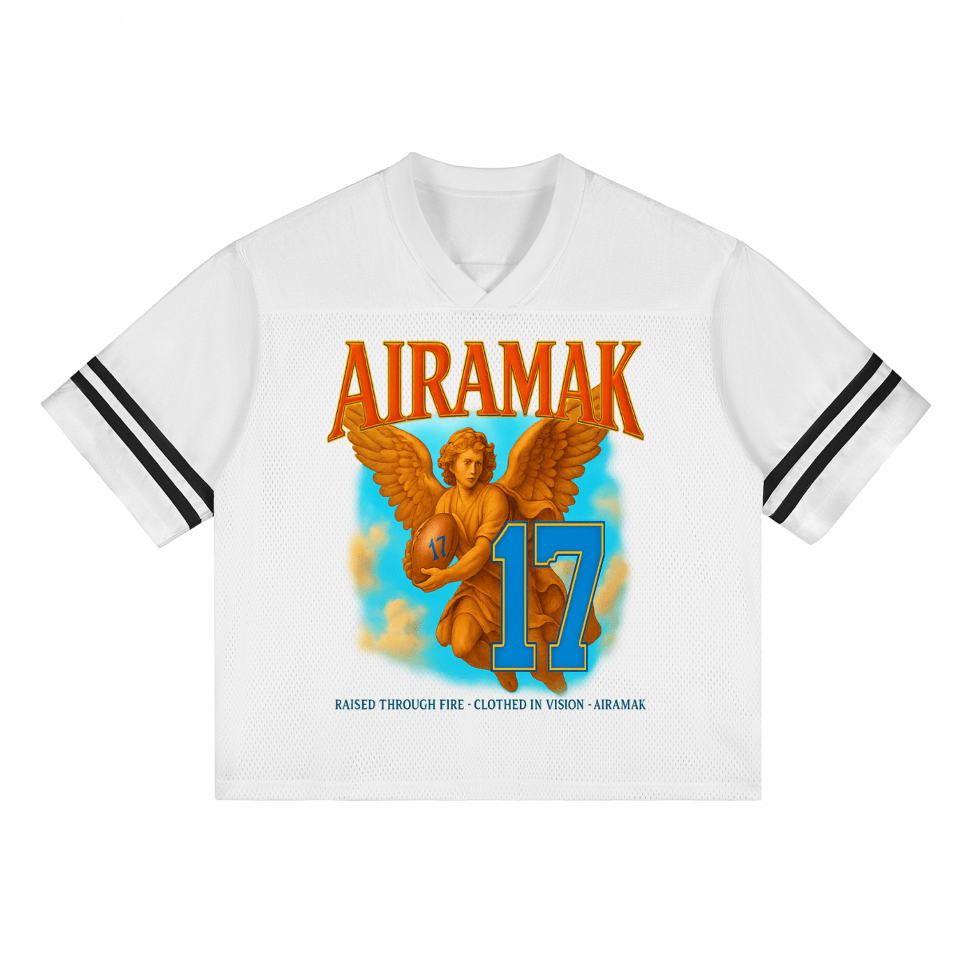 White jersey with black stripes, features an angel holding a ball with "AIRAMAK" and the number 17.
