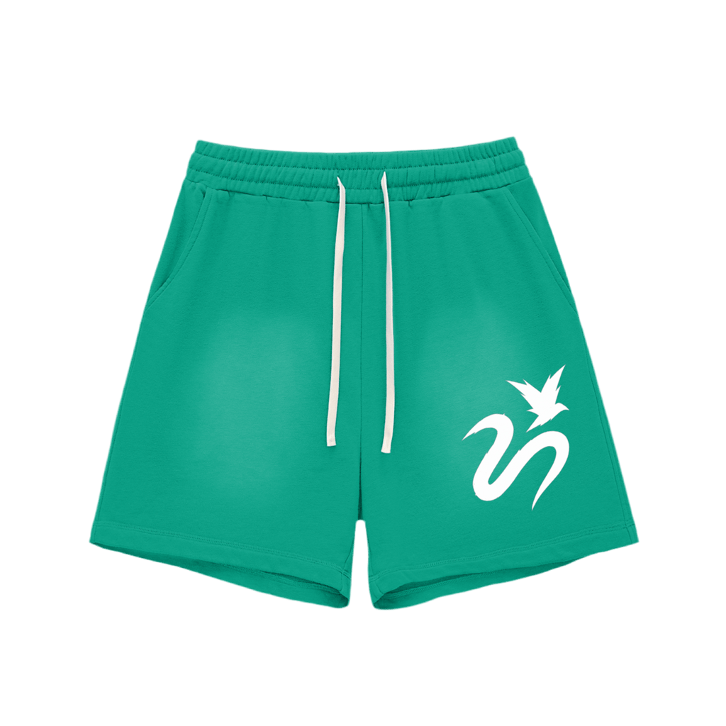 Green shorts with white drawstring and bird logo on the right leg.