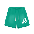 Green shorts with white drawstring and bird logo on the right leg.