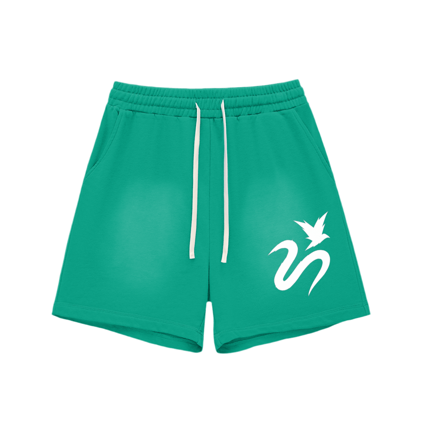 Green shorts with white drawstring and bird logo on the right leg.