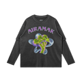 Dark gray long-sleeve shirt with "AIRAMAK" in green and purple abstract design on the front.