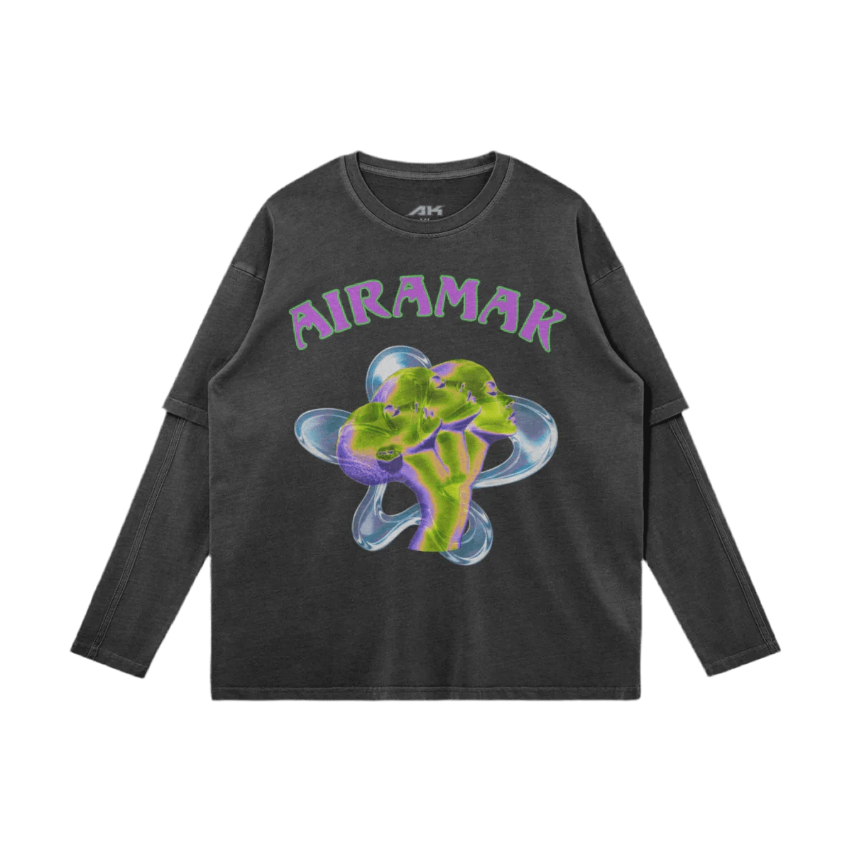 Dark gray long-sleeve shirt with "AIRAMAK" in green and purple abstract design on the front.