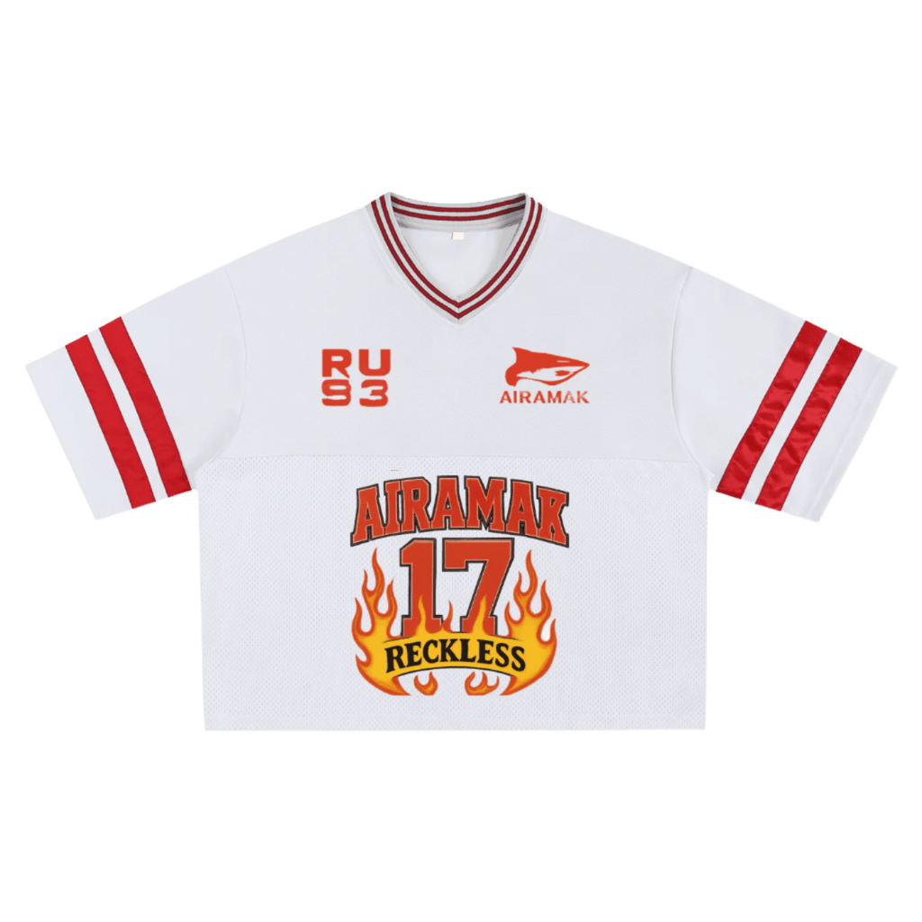 White sports jersey with red stripes, "AIRAMAK 17 RECKLESS" and flame graphics on the front.