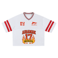 White sports jersey with red stripes, "AIRAMAK 17 RECKLESS" and flame graphics on the front.