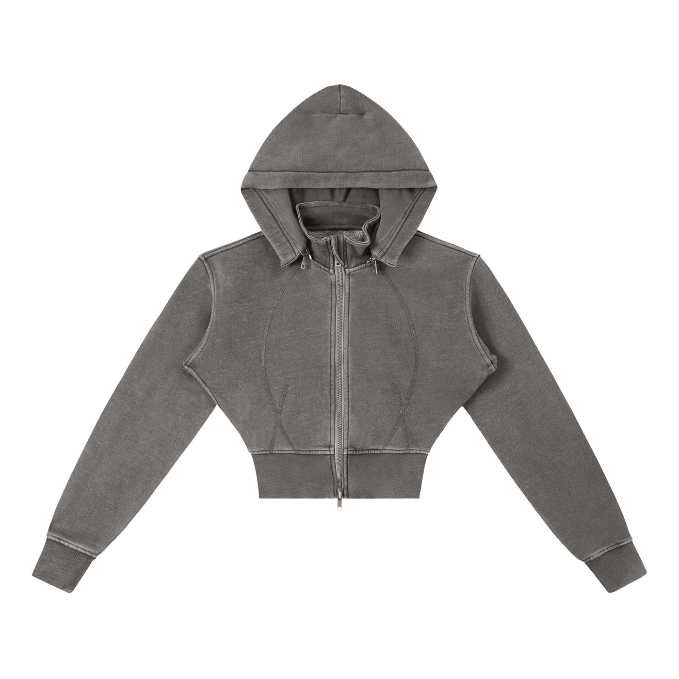 Gray cropped hoodie with a zip front and hood, featuring long sleeves and visible stitching.