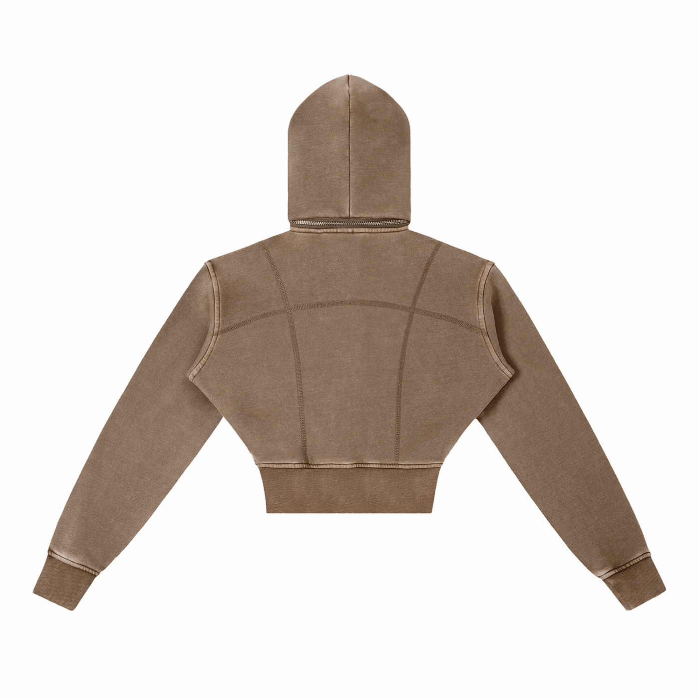 Brown cropped hoodie with long sleeves and visible seam lines on the back.