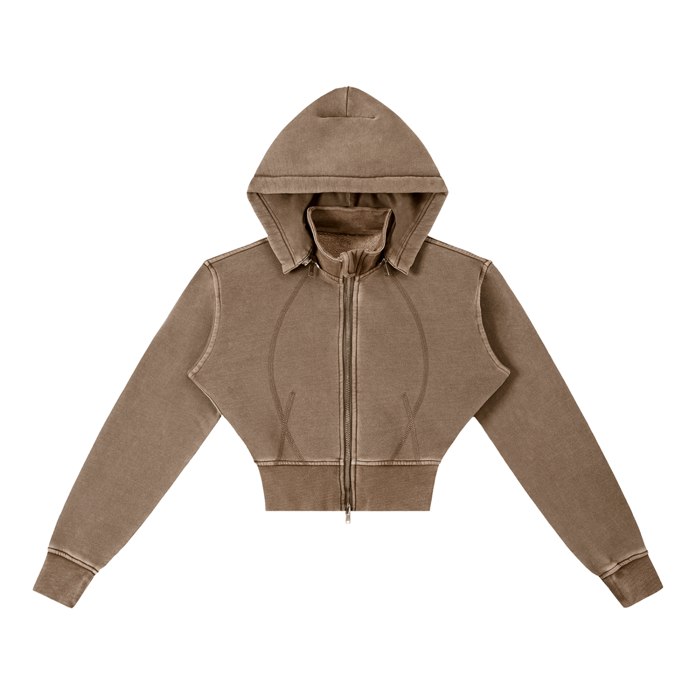Brown cropped hoodie with a front zipper, long sleeves, and a drawstring hood.