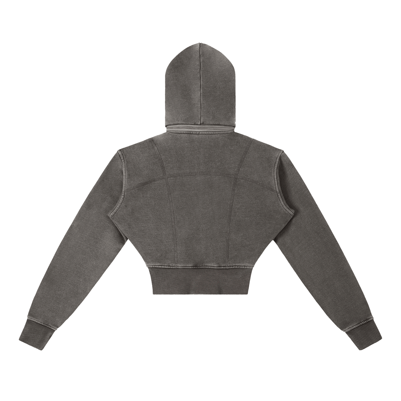 Gray hooded sweatshirt, long sleeves, back view, with visible seam details.