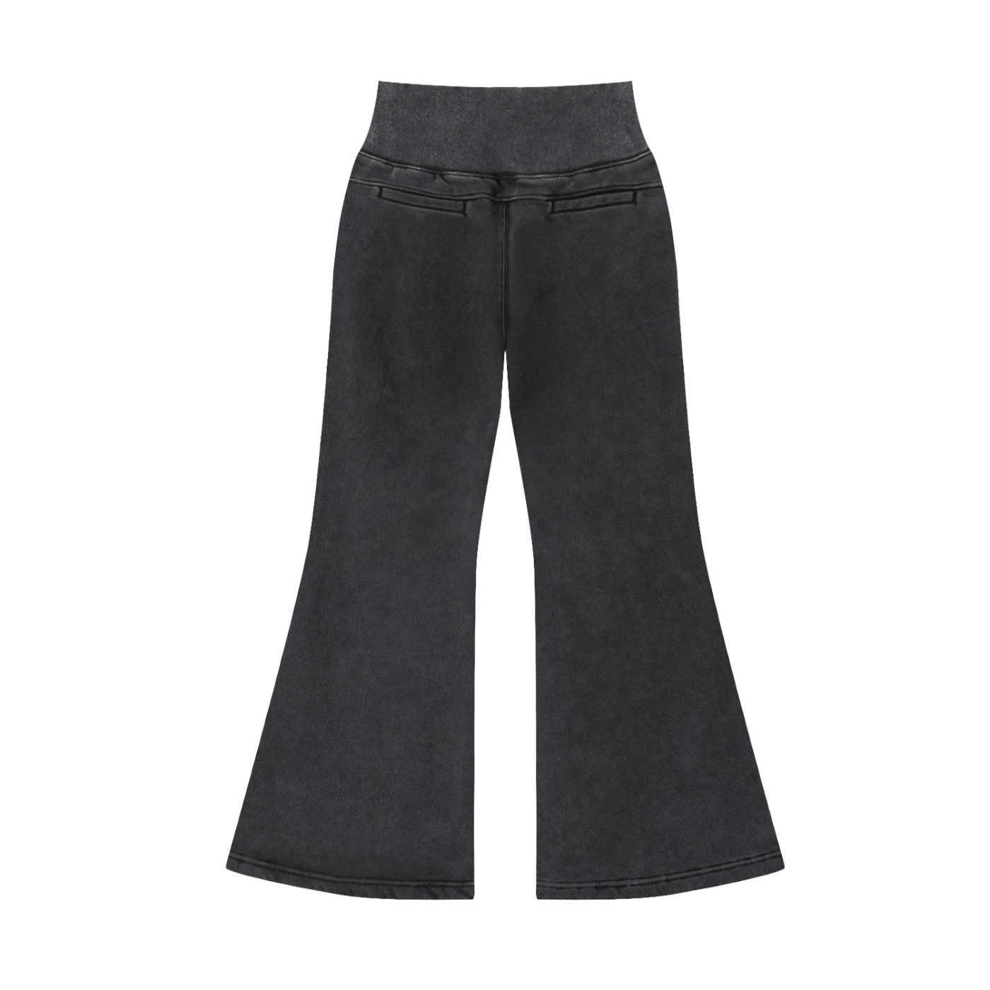 Black high-waisted flared pants with a wide waistband and back pockets.