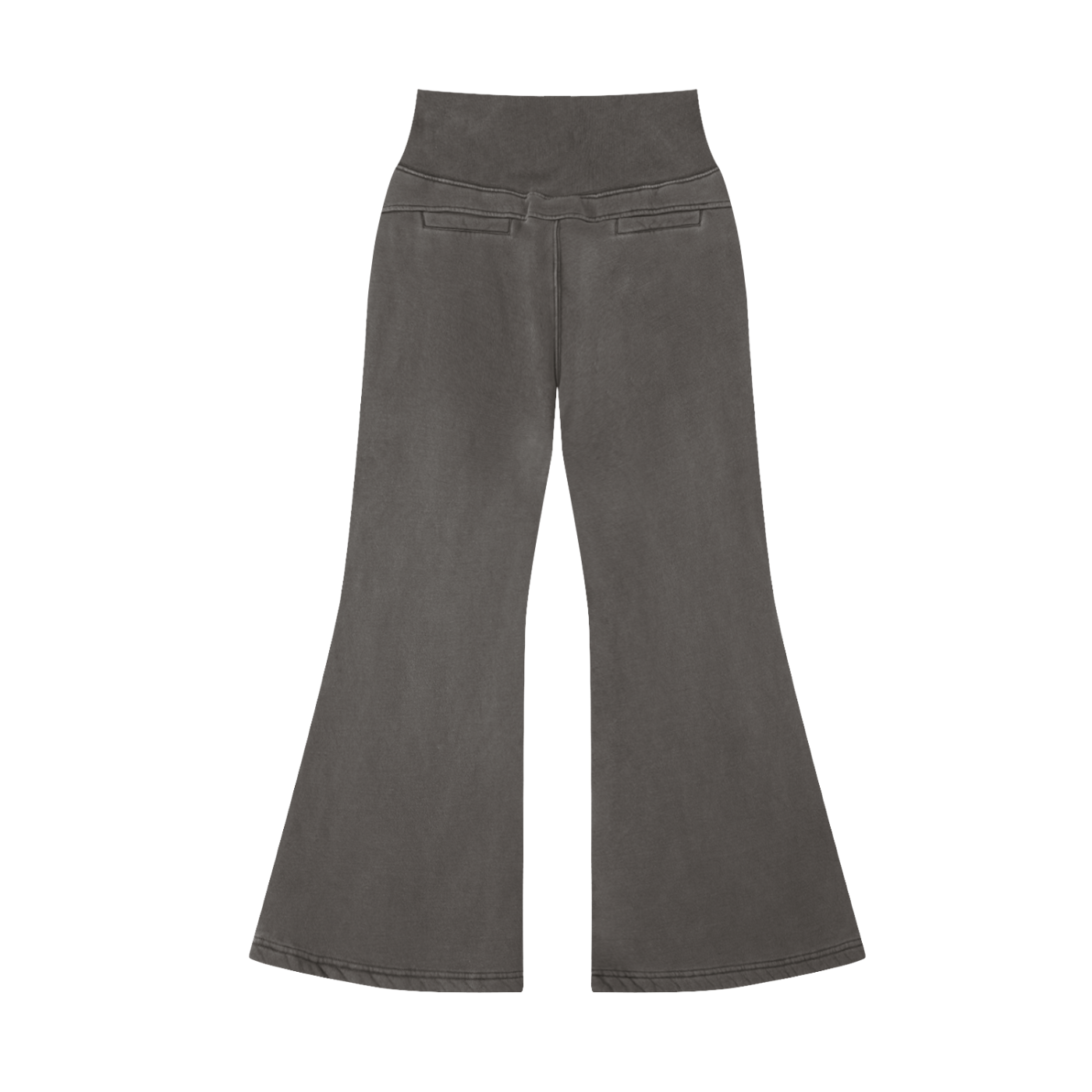 Gray high-waisted, flared pants with back pockets on a white background.